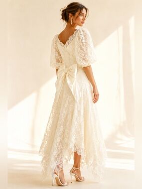 Vintage 80s Lace Bridal Maxi Dress Giant Bow Puff Sleeve Cottagecore Sz S